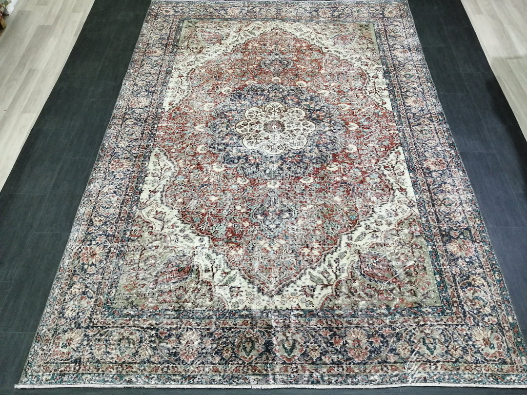Beige Turkish Distressed Runner Rug 6' 7" x 9' 3" Hand-Knotted | No. WR63585