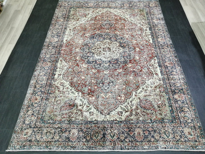 Beige Turkish Distressed Runner Rug 6' 7" x 9' 3" Hand-Knotted | No. WR63585