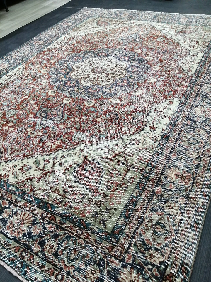 Beige Turkish Distressed Runner Rug 6' 7" x 9' 3" Hand-Knotted | No. WR63585
