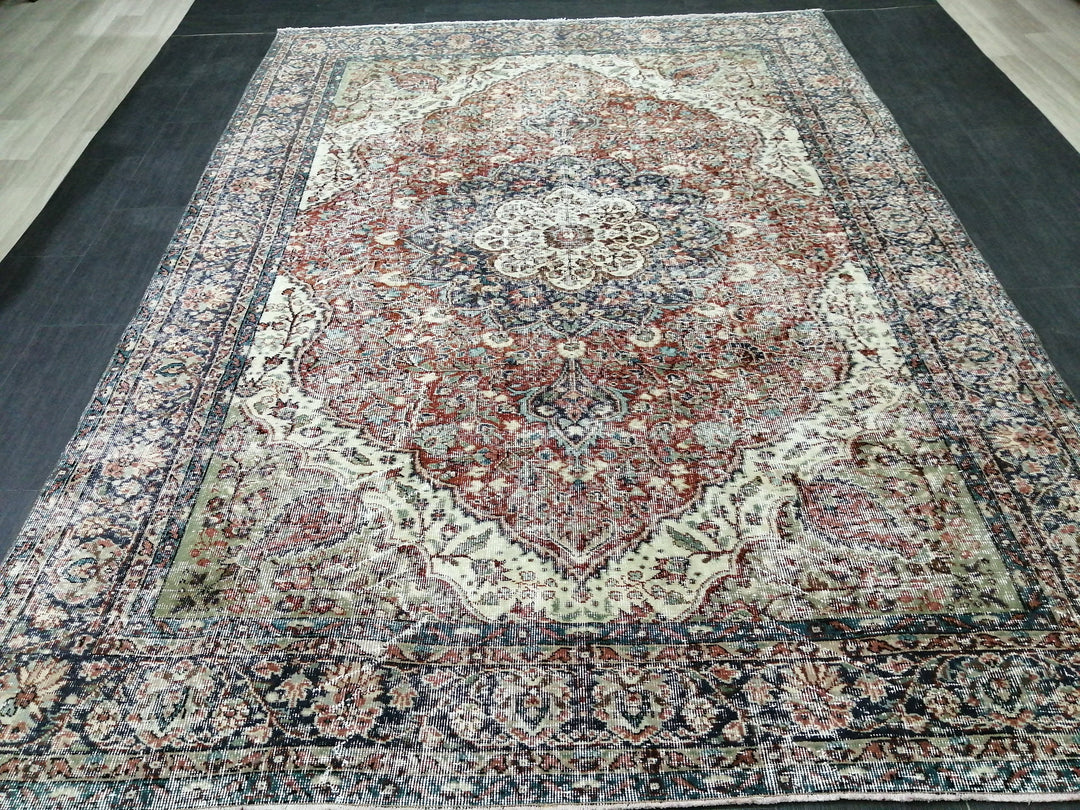 Beige Turkish Distressed Runner Rug 6' 7" x 9' 3" Hand-Knotted | No. WR63585