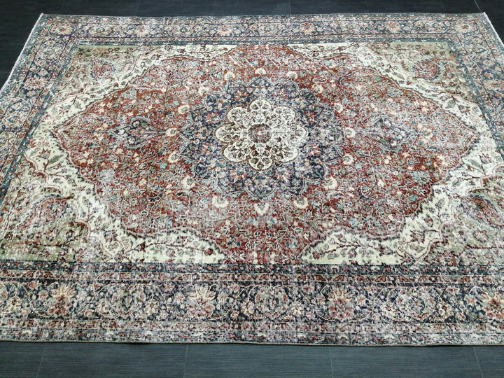 Beige Turkish Distressed Runner Rug 6' 7" x 9' 3" Hand-Knotted | No. WR63585