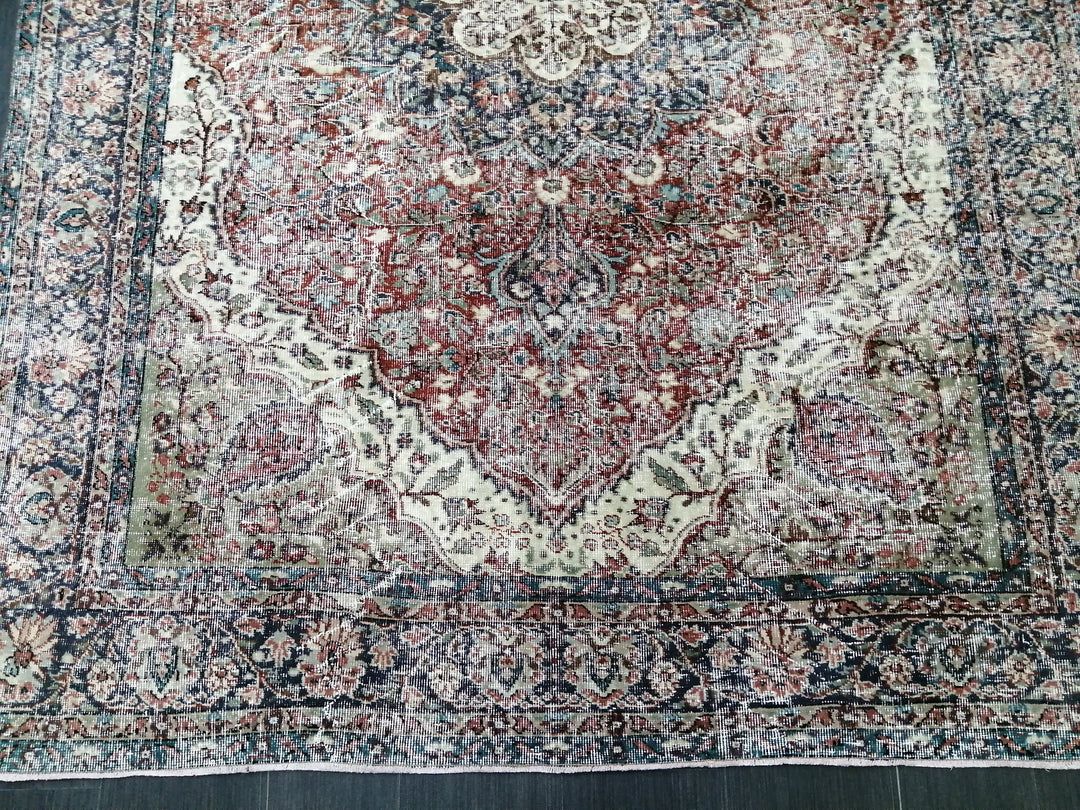 Beige Turkish Distressed Runner Rug 6' 7" x 9' 3" Hand-Knotted | No. WR63585
