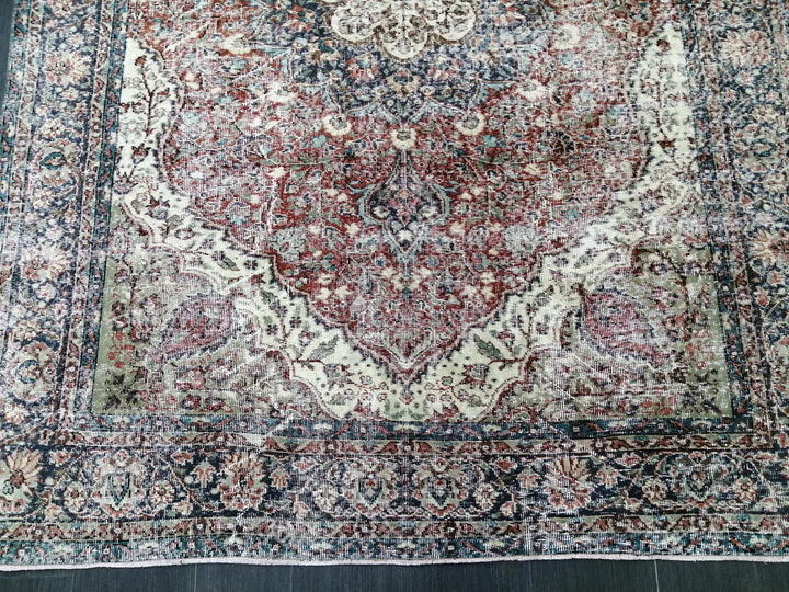 Beige Turkish Distressed Runner Rug 6' 7" x 9' 3" Hand-Knotted | No. WR63585