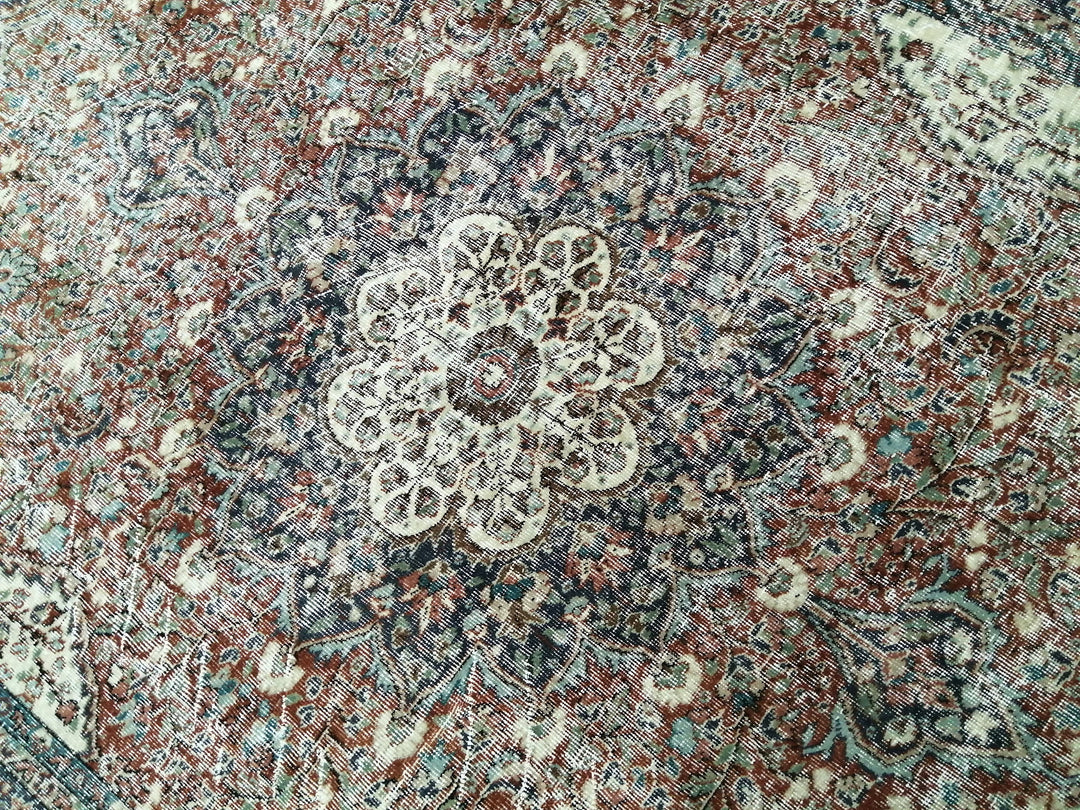 Beige Turkish Distressed Runner Rug 6' 7" x 9' 3" Hand-Knotted | No. WR63585