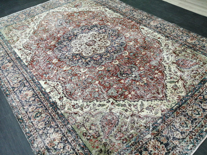 Beige Turkish Distressed Runner Rug 6' 7" x 9' 3" Hand-Knotted | No. WR63585
