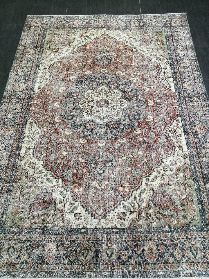 Beige Turkish Distressed Runner Rug 6' 7" x 9' 3" Hand-Knotted | No. WR63585