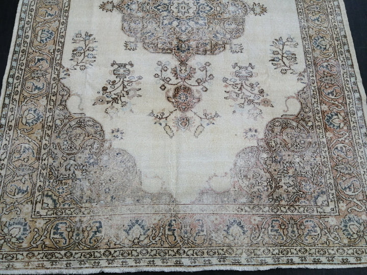 Tan Turkish Vintage Rug 7' x 10' 5" Hand-Knotted close-up