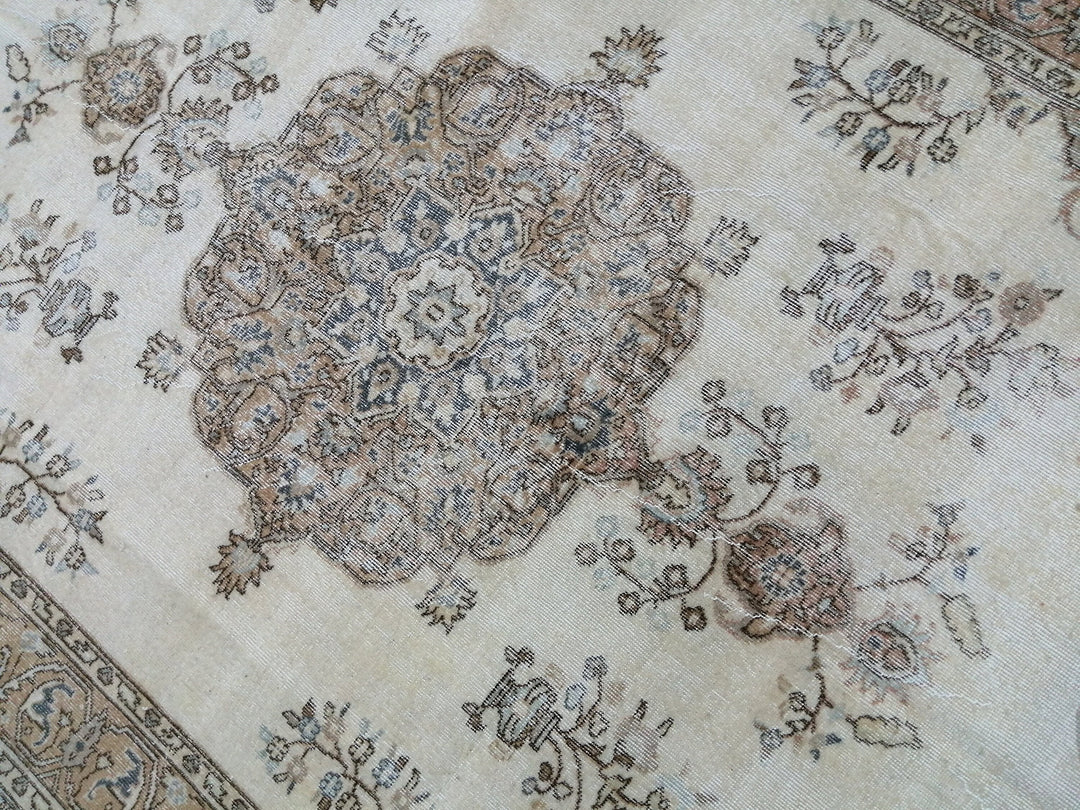 Tan Turkish Vintage Rug 7' x 10' 5" Hand-Knotted pattern