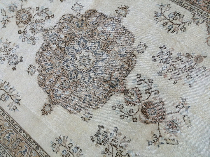 Tan Turkish Vintage Rug 7' x 10' 5" Hand-Knotted pattern