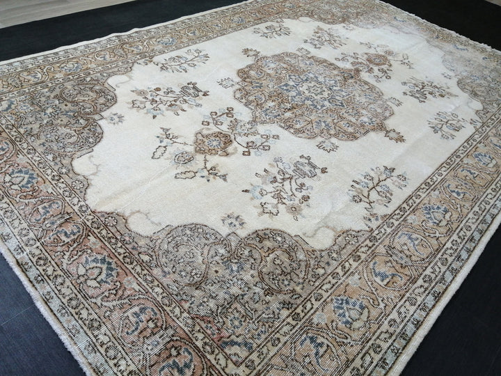 Tan Turkish Vintage Rug 7' x 10' 5" Hand-Knotted