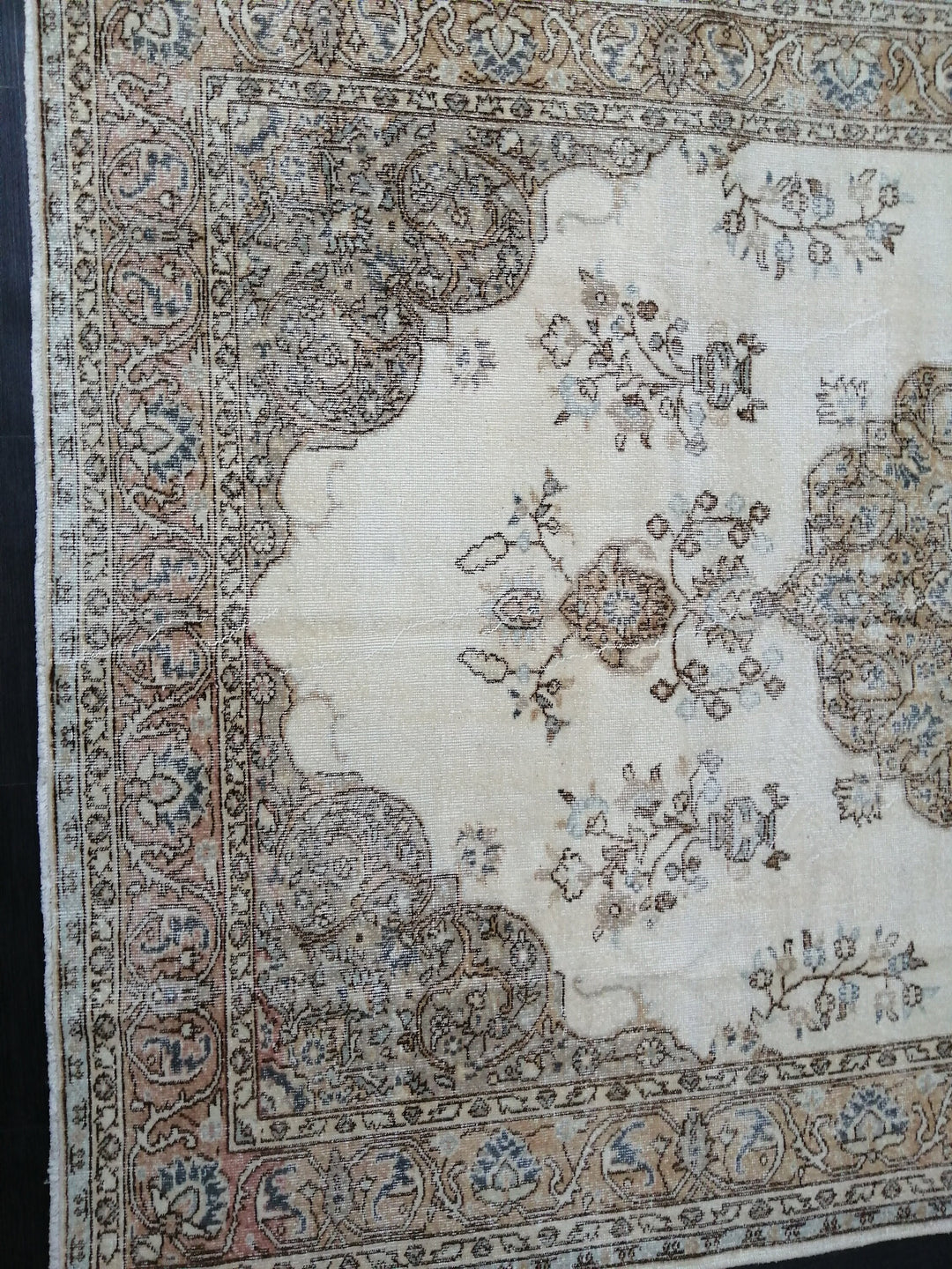 Tan Turkish Vintage Rug 7' x 10' 5" Hand-Knotted texture