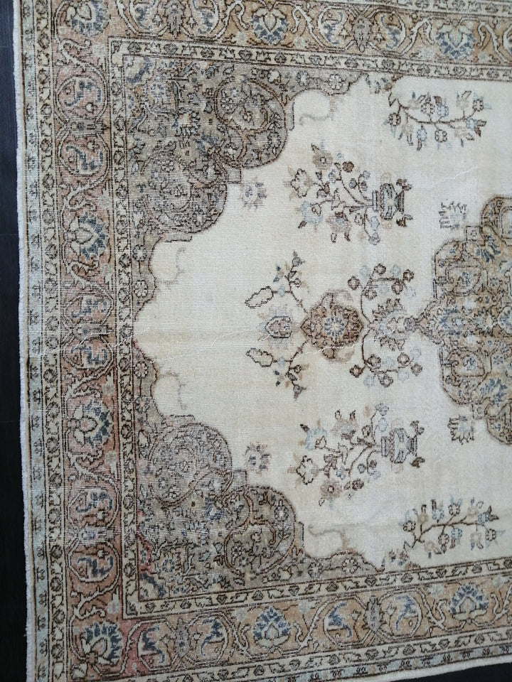 Tan Turkish Vintage Rug 7' x 10' 5" Hand-Knotted texture