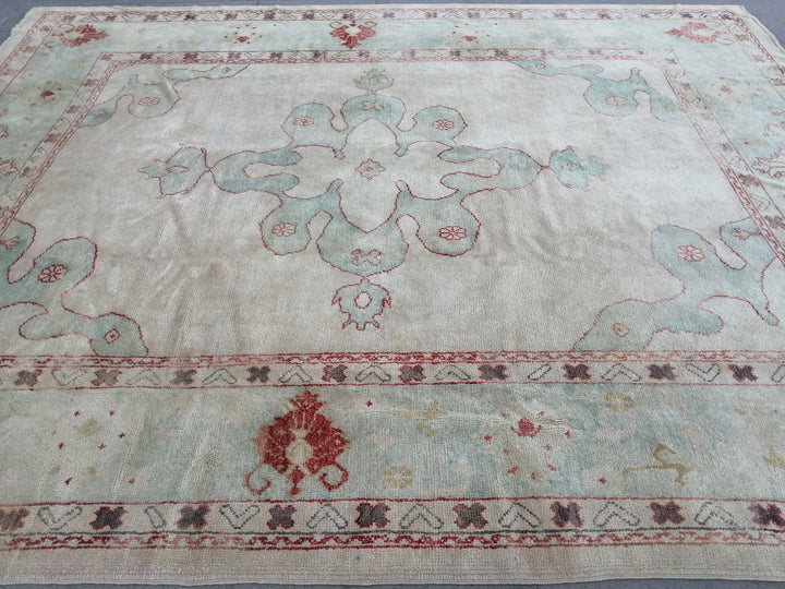 Beige Turkish Oushak Rug 9' 4" x 11' 9" Hand-Knotted texture