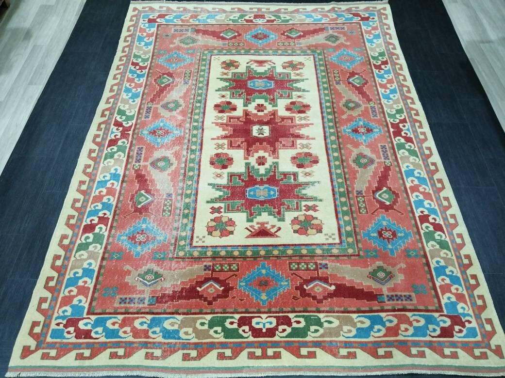 Beige Turkish Runner Rug 6' 9" x 9' 1" Hand-Knotted border