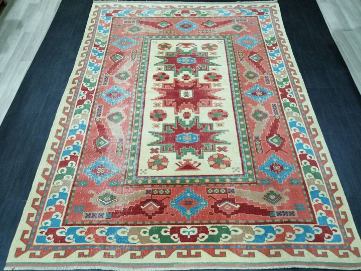Beige Turkish Runner Rug 6' 9" x 9' 1" Hand-Knotted border