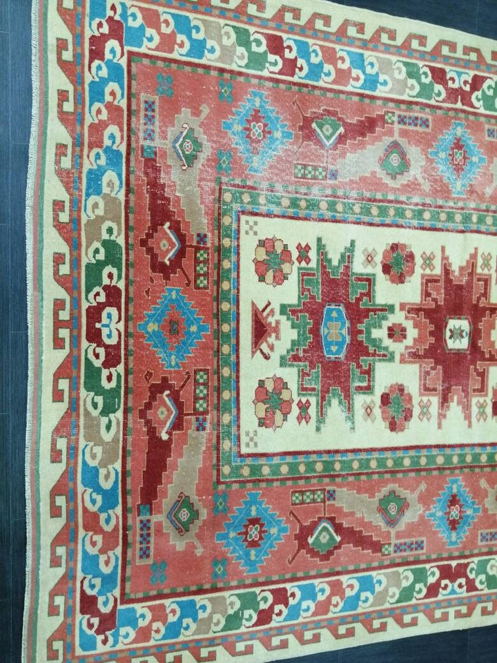 Beige Turkish Runner Rug 6' 9" x 9' 1" Hand-Knotted reverse
