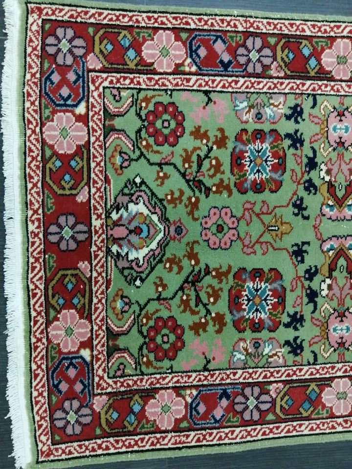 Green Turkish Runner Rug 3' 2" x 4' 7" Hand-Knotted | No. WR21340
