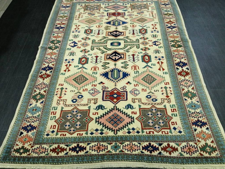 Beige Turkish Runner Rug 5' 1" x 7' Hand-Knotted close-up