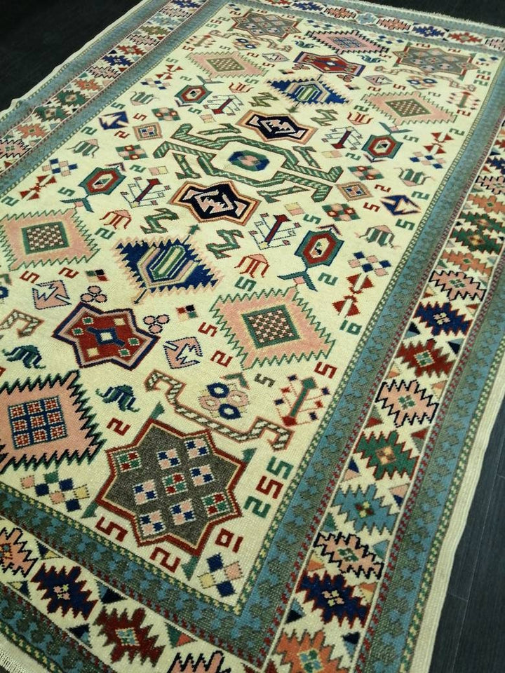 Beige Turkish Runner Rug 5' 1" x 7' Hand-Knotted reverse