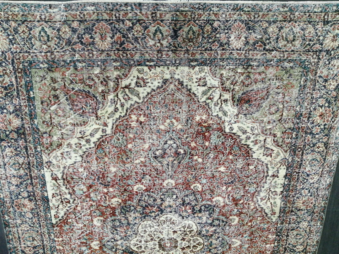 Beige Turkish Distressed Runner Rug 6' 7" x 9' 3" Hand-Knotted | No. WR63585