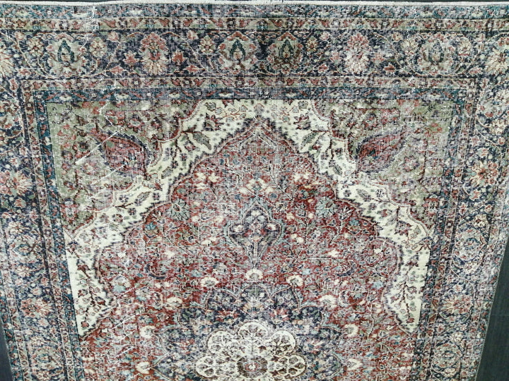 Beige Turkish Distressed Runner Rug 6' 7" x 9' 3" Hand-Knotted | No. WR63585