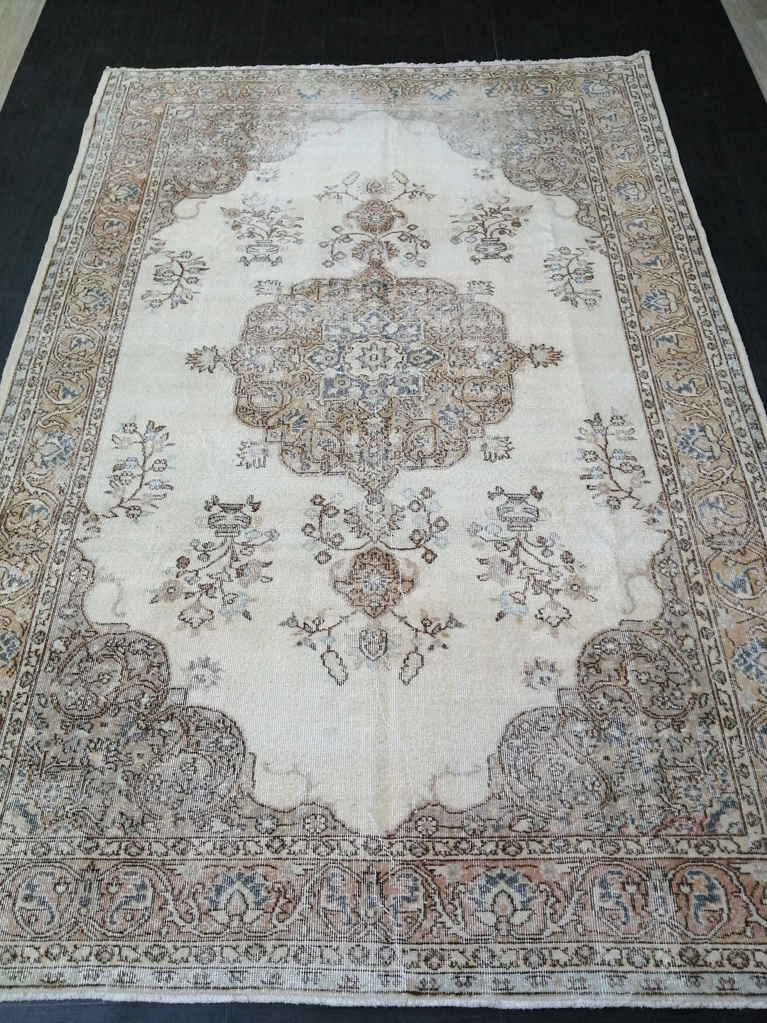 Tan Turkish Vintage Rug 7' x 10' 5" Hand-Knotted field