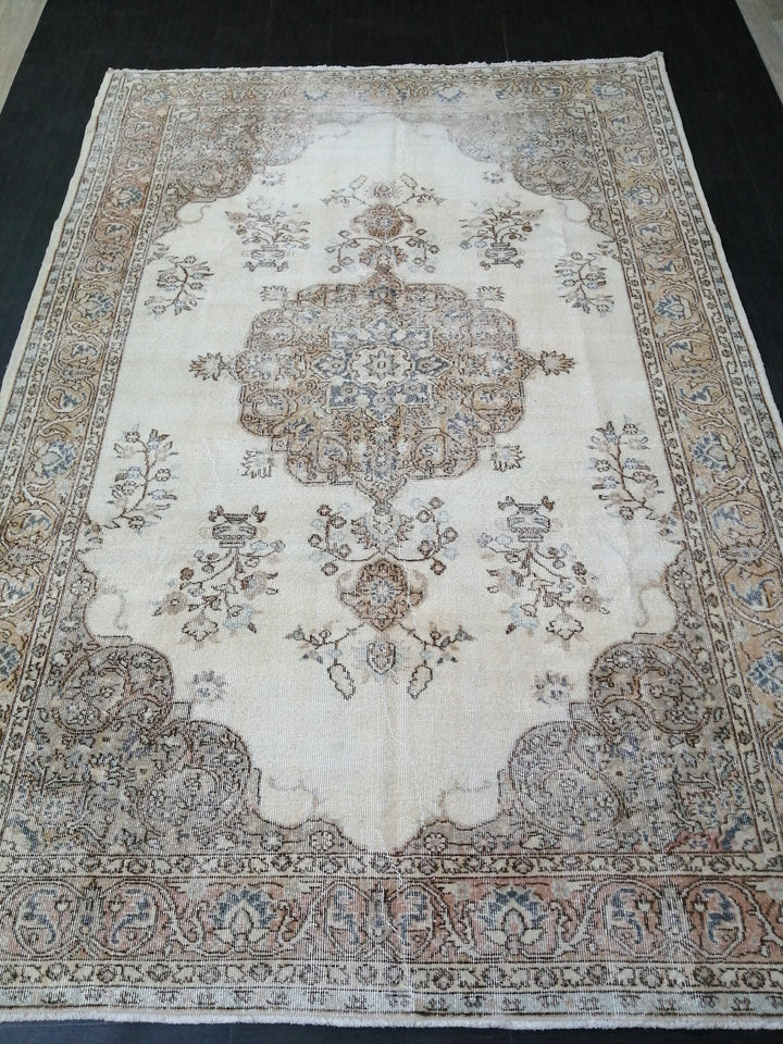 Tan Turkish Vintage Rug 7' x 10' 5" Hand-Knotted field