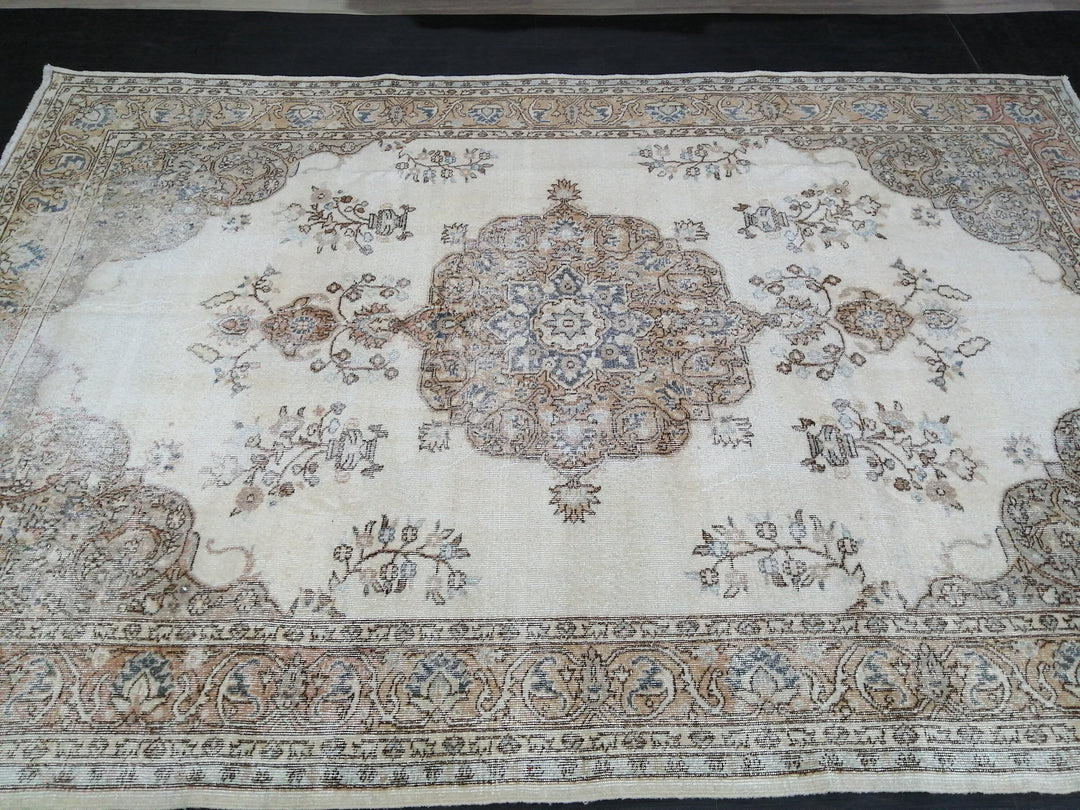 Tan Turkish Vintage Rug 7' x 10' 5" Hand-Knotted reverse
