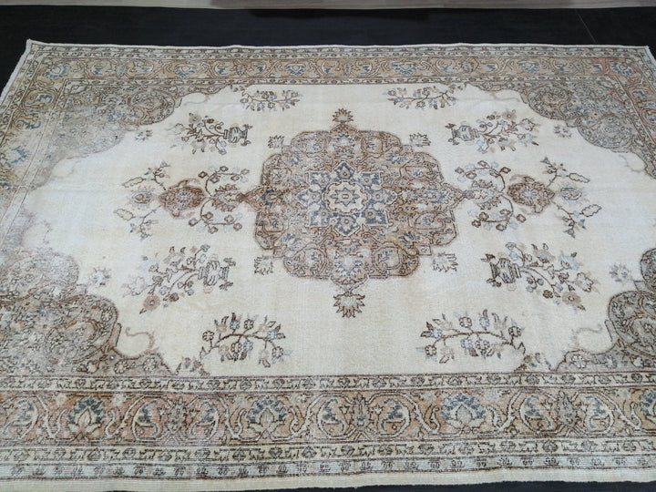 Tan Turkish Vintage Rug 7' x 10' 5" Hand-Knotted reverse