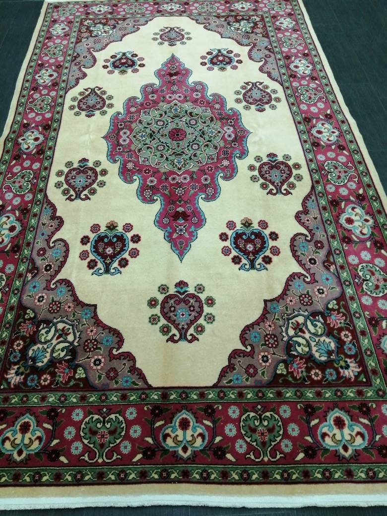 Beige Turkish Oushak Rug 5' 1" x 9' 1" Hand-Knotted reverse
