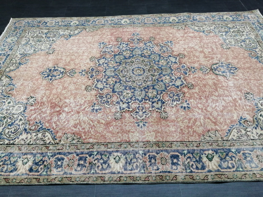 Beige Turkish Oushak Rug 6' 4" x 9' 7" Hand-Knotted reverse