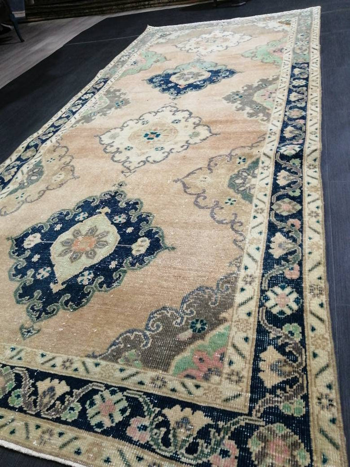 Beige Turkish Runner Rug 4' 6" x 10' 3" Hand-Knotted close-up