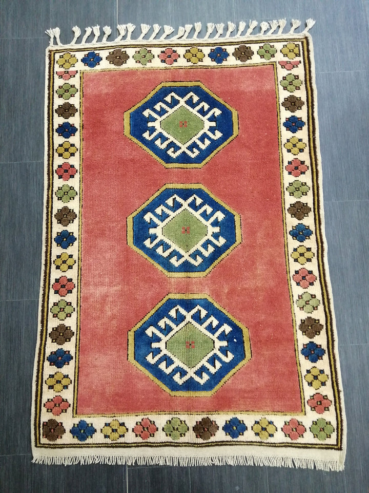 Beige Turkish Runner Rug 3' 4" x 4' 10" Hand-Knotted border