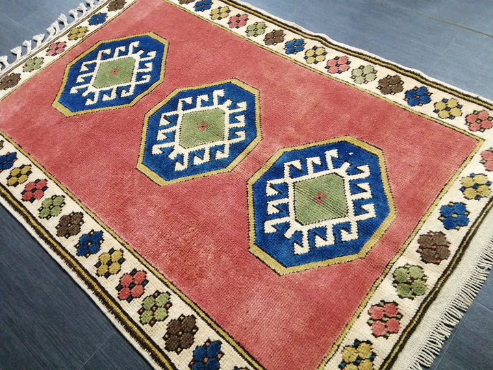 Beige Turkish Runner Rug 3' 4" x 4' 10" Hand-Knotted field