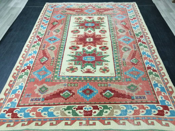 Beige Turkish Runner Rug 6' 9" x 9' 1" Hand-Knotted close-up