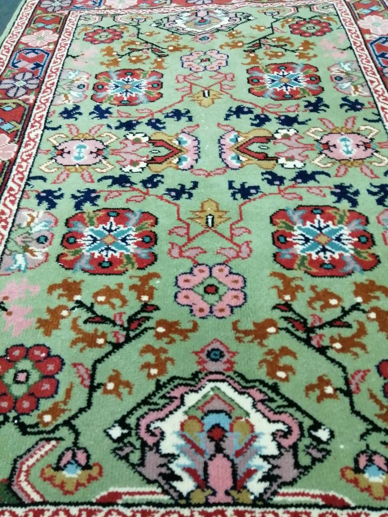 Green Turkish Runner Rug 3' 2" x 4' 7" Hand-Knotted | No. WR21340