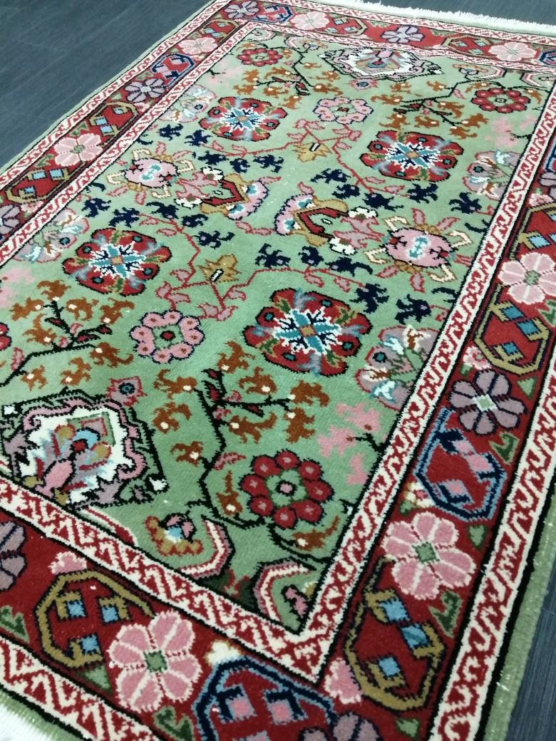 Green Turkish Runner Rug 3' 2" x 4' 7" Hand-Knotted | No. WR21340