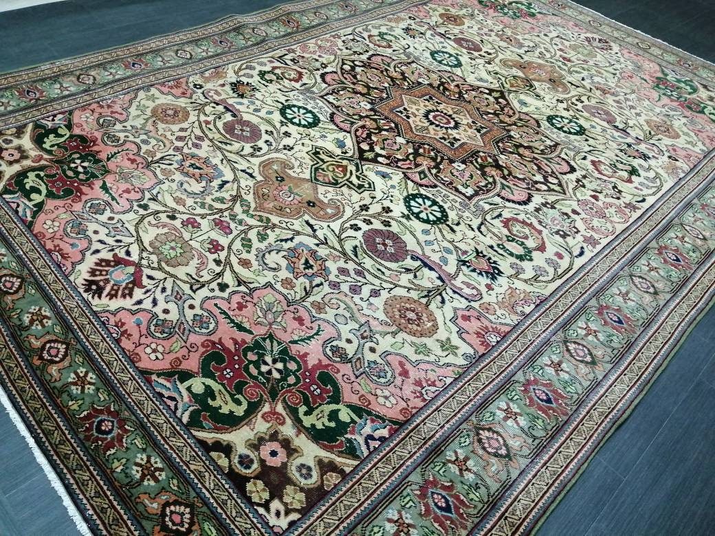Beige Turkish Oushak Rug 6' 6" x 9' 8" Hand-Knotted field