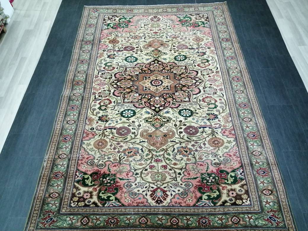 Beige Turkish Oushak Rug 6' 6" x 9' 8" Hand-Knotted reverse