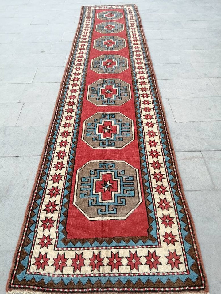 Beige Turkish Runner Rug 2' 10" x 13' 2" Hand-Knotted reverse