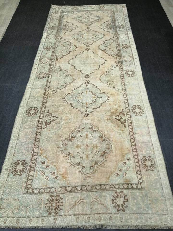Tan Turkish Runner Rug 4' 11" x 12' 8" Hand-Knotted detail
