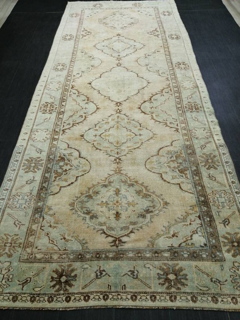 Tan Turkish Runner Rug 4' 11" x 12' 8" Hand-Knotted pattern
