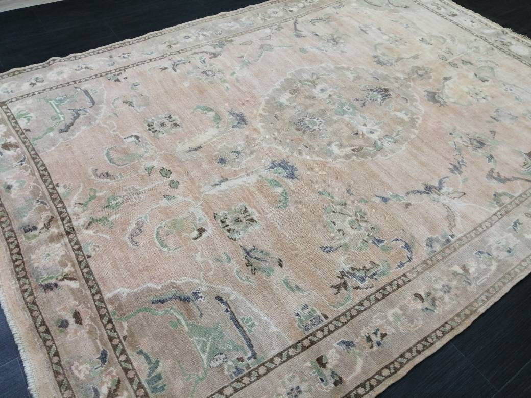 Beige Turkish Runner Rug 5' 11" x 8' 4" Hand-Knotted field