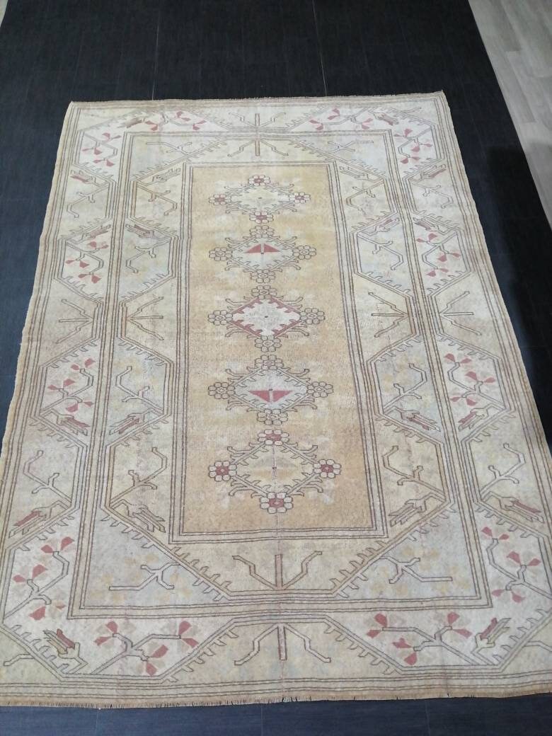 Beige Turkish Oushak Rug 6' 9" x 9' 6" Hand-Knotted reverse