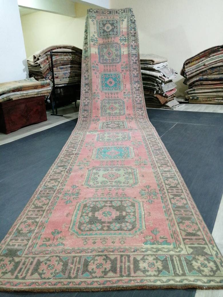 Beige Turkish Runner Rug 4' 5" x 19' 3" Hand-Knotted close-up