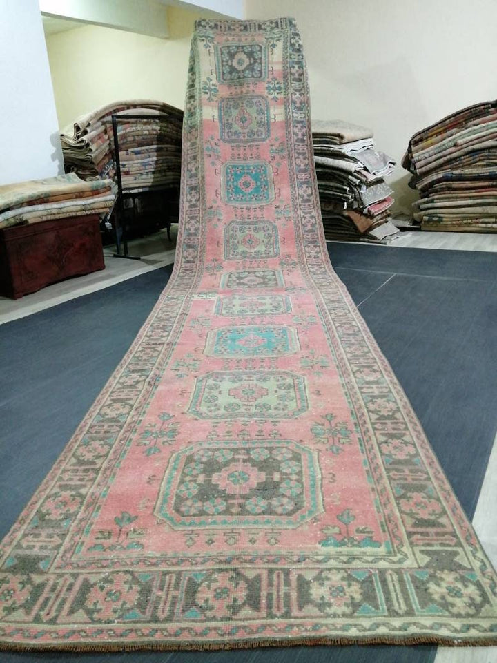 Beige Turkish Runner Rug 4' 5" x 19' 3" Hand-Knotted close-up