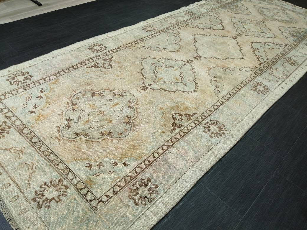 Tan Turkish Runner Rug 4' 11" x 12' 8" Hand-Knotted field