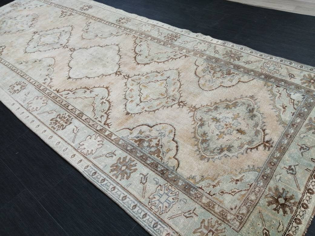 Tan Turkish Runner Rug 4' 11" x 12' 8" Hand-Knotted