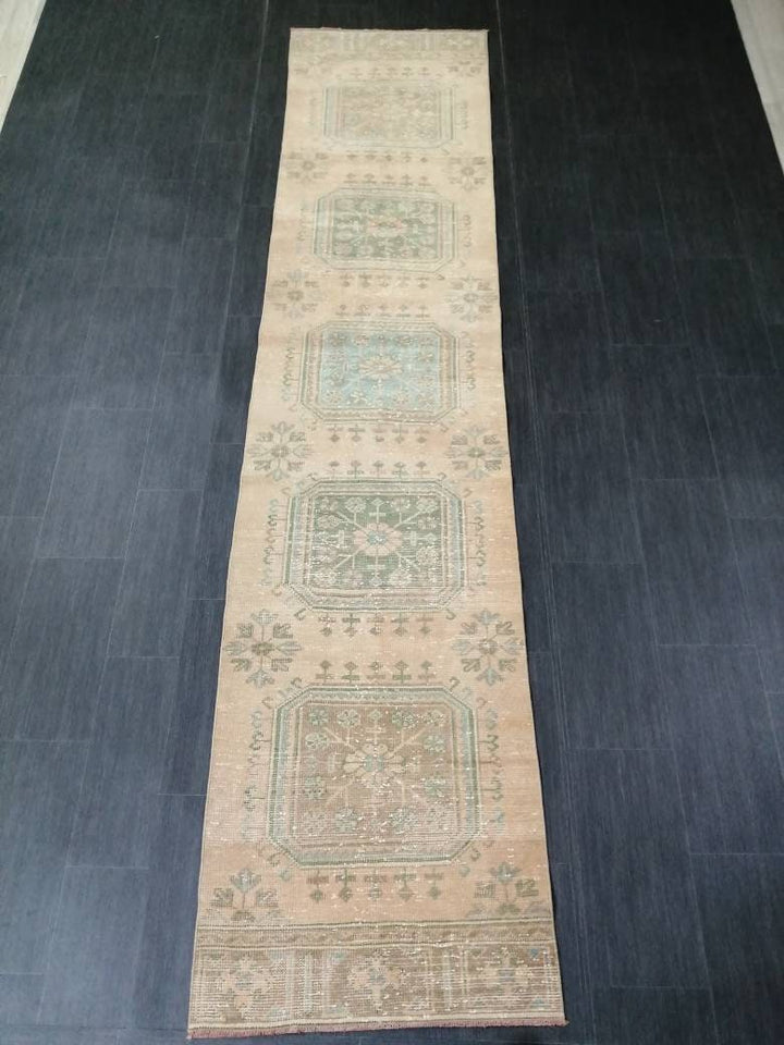 Beige Turkish Runner Rug 2' 6" x 11' 6" Hand-Knotted reverse
