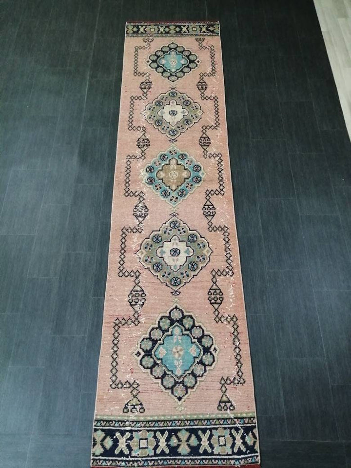 Beige Turkish Runner Rug 2' 7" x 10' 11" Hand-Knotted close-up